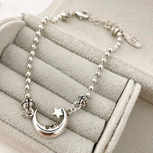 925 Sterling Silver Moon & Star Bracelet Dainty Bracelet Beaded Bracelet